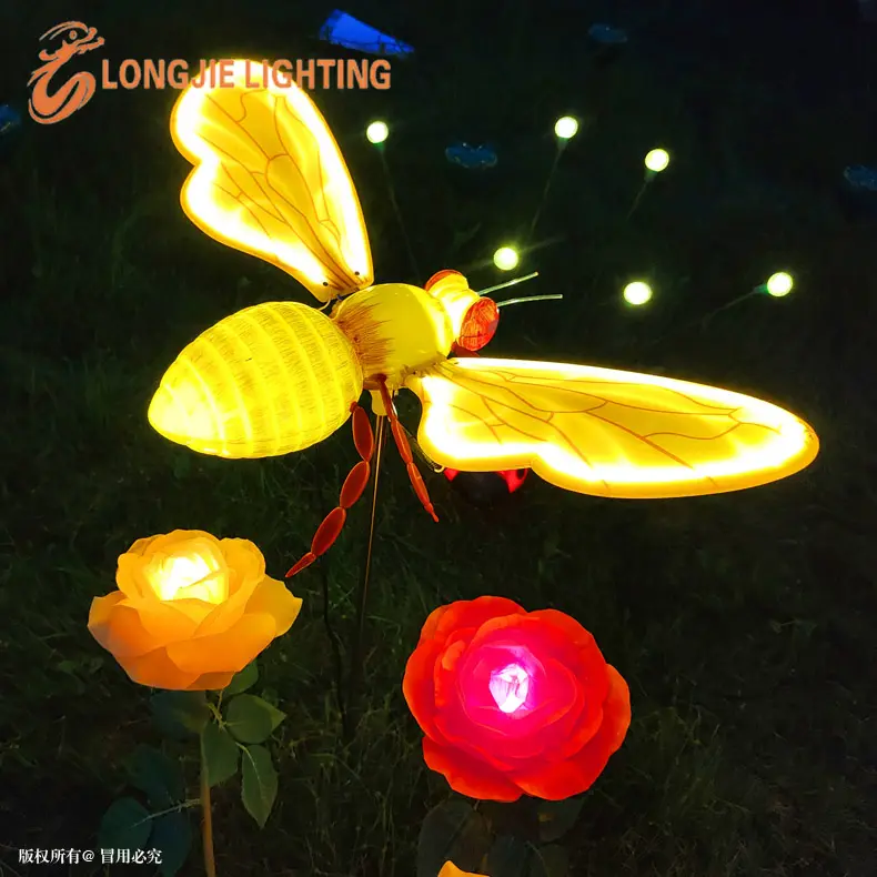 W:77CM new items garden decor lighting large led light up fiber optic bee in flower