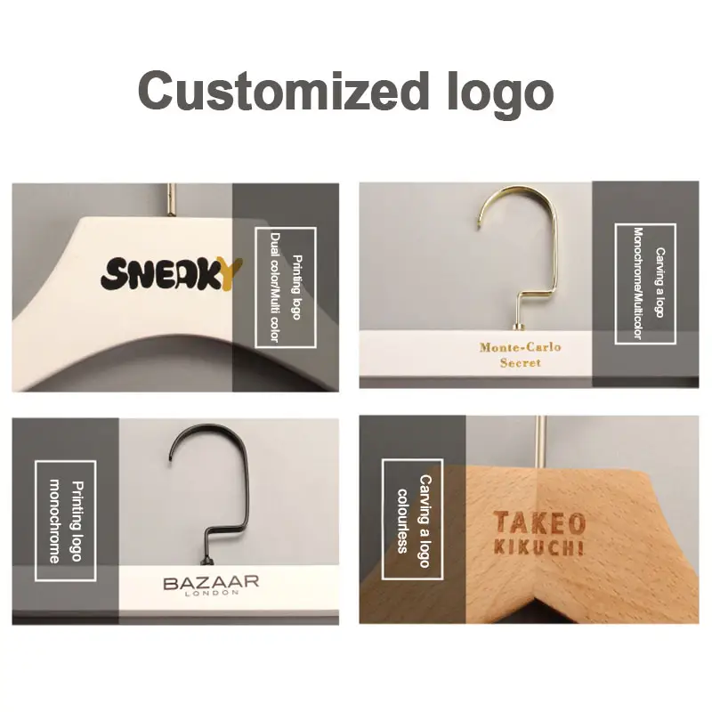 Customized clothes hanger with logo for store high quality hot sale white gold hook anti-slip wooden hanger for women men