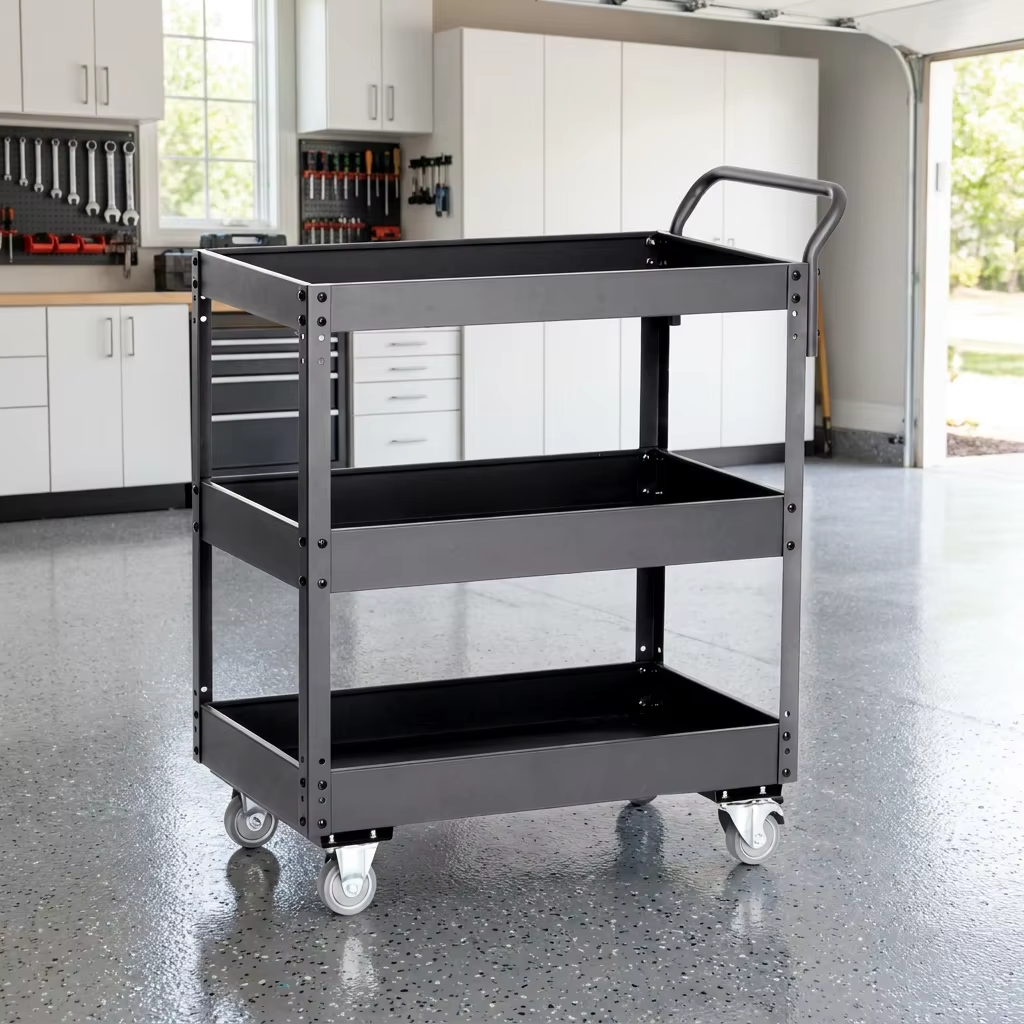 3 Shelf Metal Utility Cart on Wheels Grey Rolling