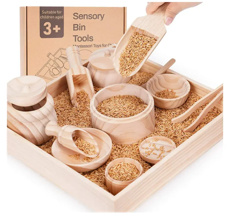 Benutzer definierte Holz Montessori Spielzeug Motor Fähigkeiten Sensorische Spielzeug Set Holz schaufeln und Holz zangen Baby Sensory Bin Tools Kit für Kinder
