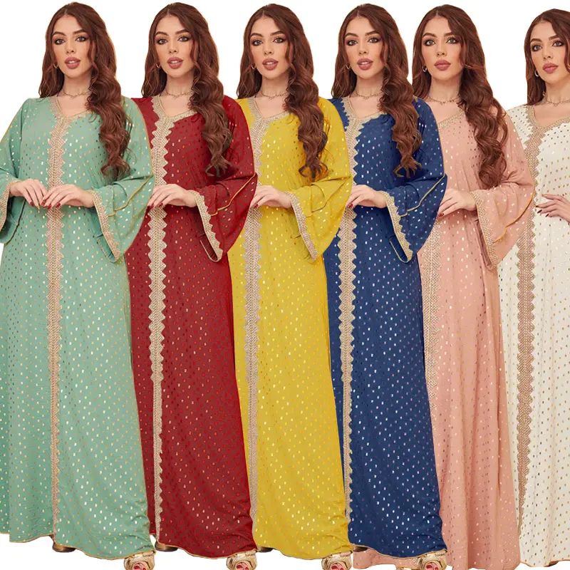 Vente en gros Nouveau 2023 Fourniture d'usine Dubia Abaya Kaftan 65 Coton Caftan Femme Brodé Or Estampage Marocain Caftan Vente en gros