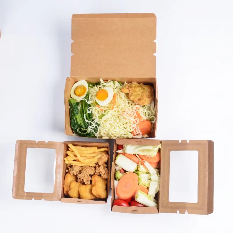 กล่องใส่อาหารไก่แบบย่อยสลายได้,กล่องใส่อาหารกลางวันกระดาษคราฟท์สีน้ำตาลแบบใช้แล้วทิ้งพร้อมช่องหน้าต่าง
