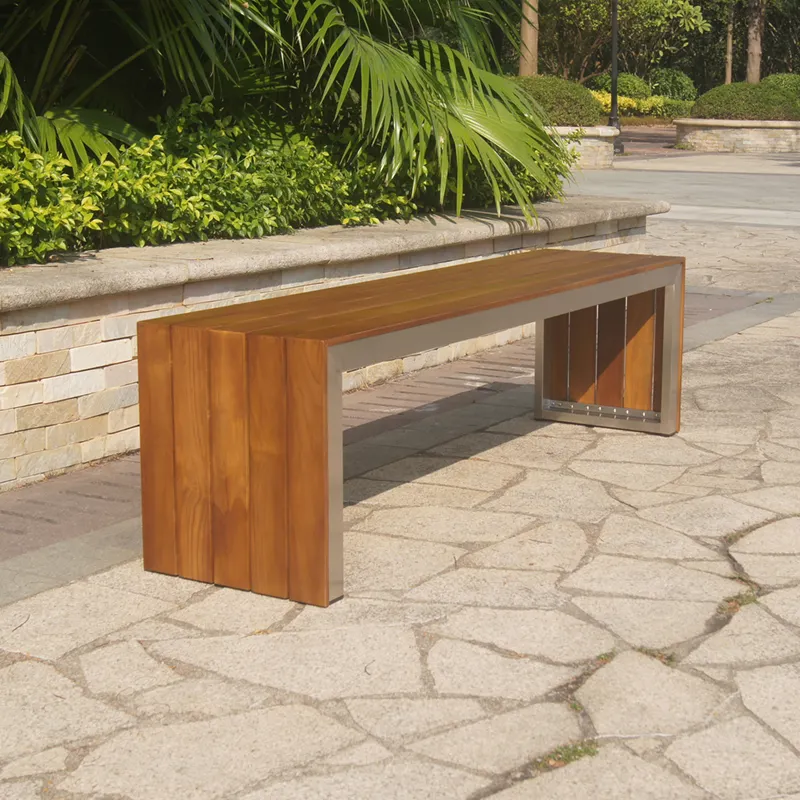 all weather garden teak wood stainless steel metal outdoor bench
