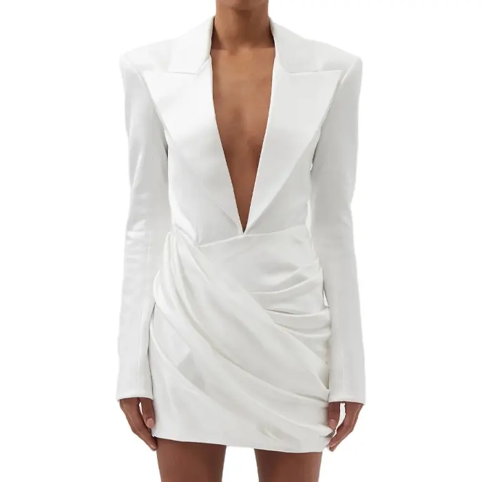 Hot sale plunge deep v-neck wrap blazer mini dress fashion pleated asymmetric hem back zipper closure bodycon satin dress