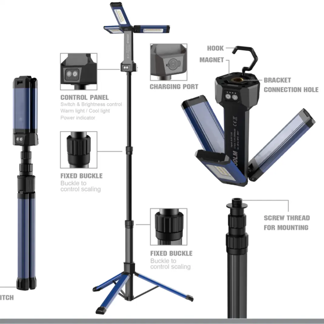 Kısılabilir 2000 lümen LED taşınabilir manyetik teleskopik çalışma ışığı USB yeniden şarj edilebilir şarjlı Led ışık tripod ile çalışma ışığı