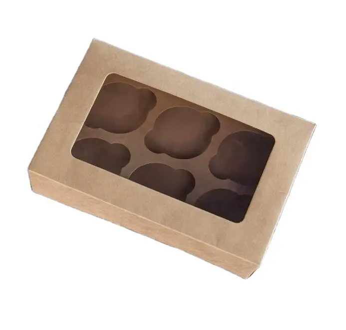 Vendita calda 10x7x3 pollici riciclato 6 fori scatole per cupcake in carta kraft con confezione PETwindow per panetteria shopmall
