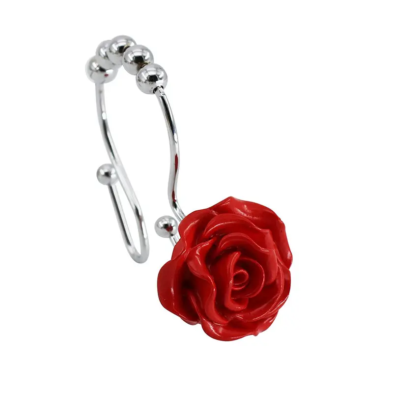 Luxuoso Noble Red Rose Resina Decoração Com Deslizante Roller Ball Anti-Rust Metal Double Hooks Cortina de chuveiro Ganchos Cortina