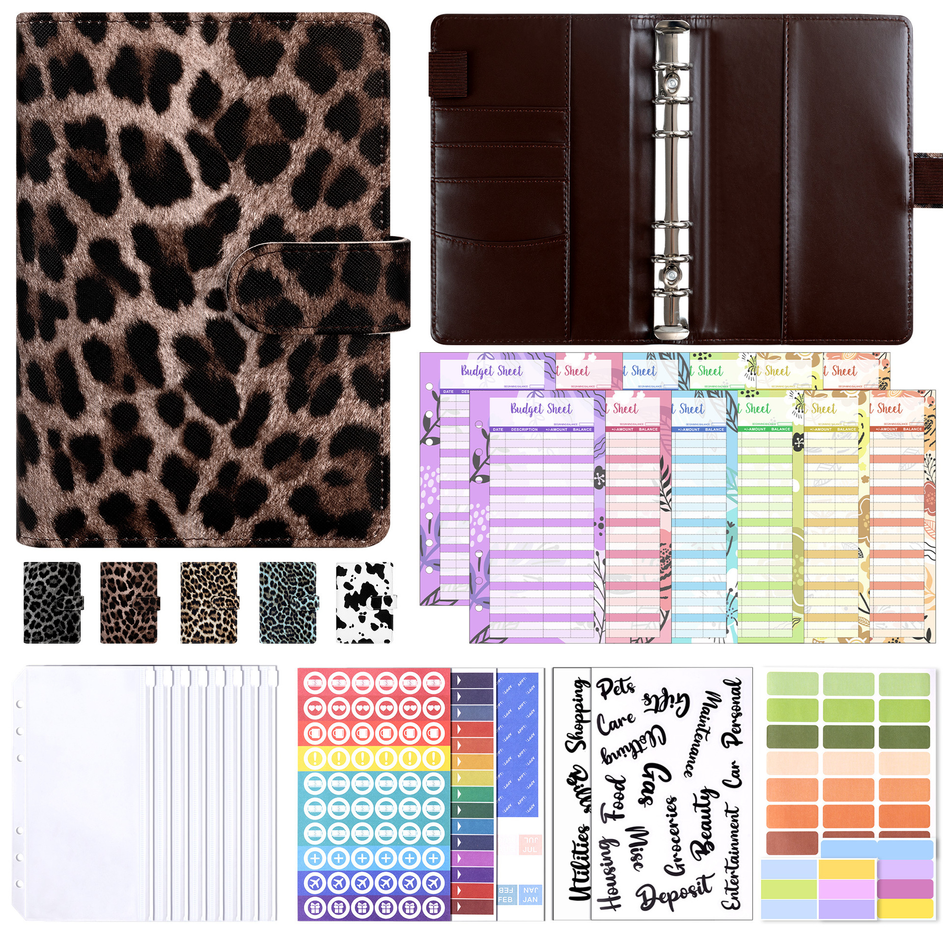 Dark coffee shell, 12 sheets, receipt holder, 8 stickers, 2 divi