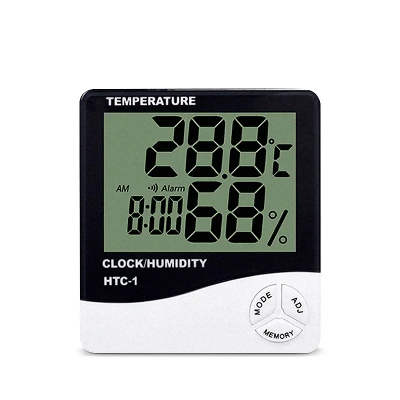 Termómetro Digital de Htc-1 de alta calidad, higrómetro de humedad con despertador para interiores, máximo/min