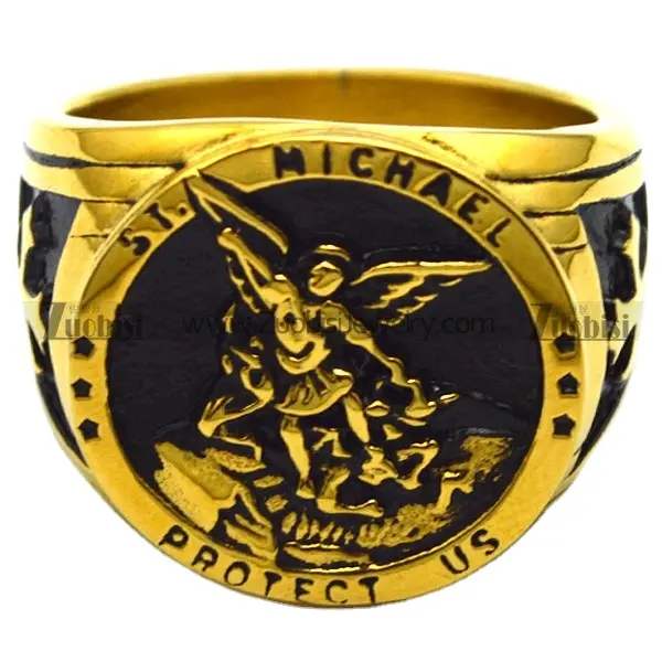 Royal Gold Plating Battle Angel Michael St. Michael Protect Us Signet Ring with Cross