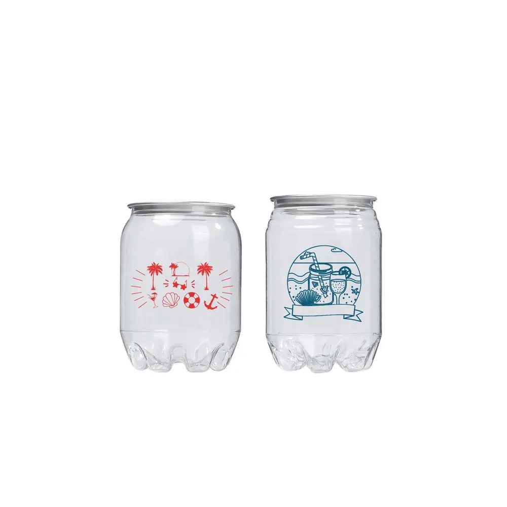 Botellas de jugo de latas de plástico PET de grado alimenticio con mango redondo para mascotas