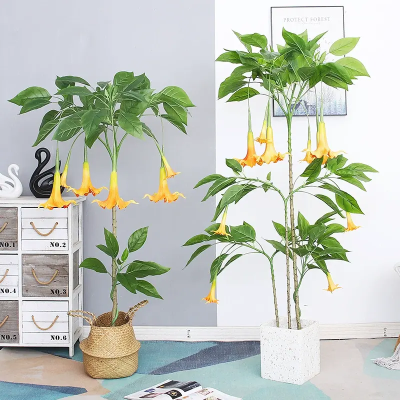 Árvore de flores artificiais de datura para decoração de casa, árvore de laranja artificial de alta qualidade para ambientes internos