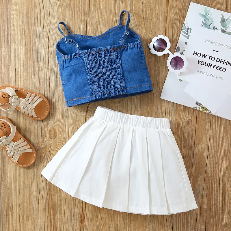 Children's Wear Summer Girls Pure Color Jean With Strapless Top Halter Jean Skirt Set Clothes