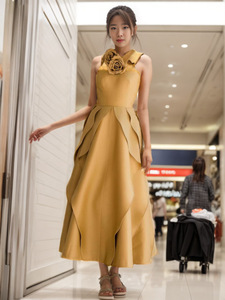 Newly Designed Yellow Organza A-Line Dress for Women <strong>Elegant</strong> Evening Party Wear with 3D Flowers Formal Knee-Length XL Size - Product Image 2