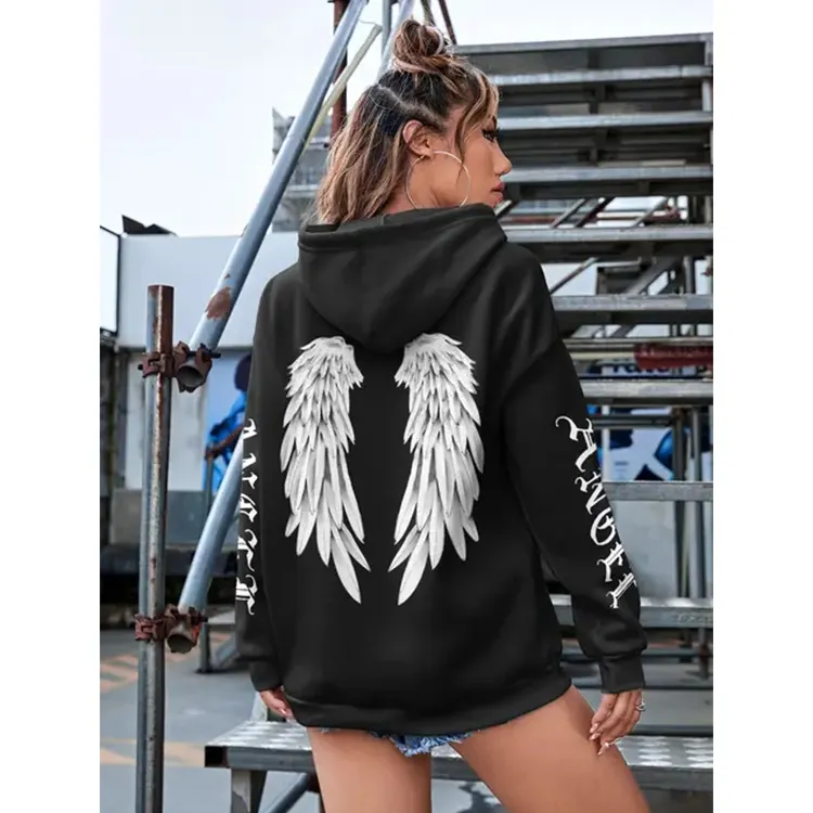 Patrón de personalidad de alas de Ángel Sudadera con capucha femenina Harajuku Fleece con capucha Moda Casual Jerseys Hip Hop Mujeres sueltas Tops