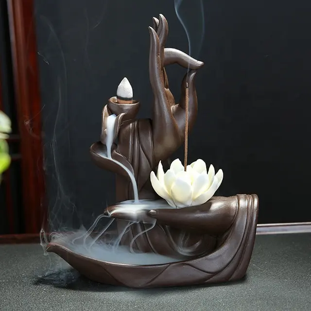 Quemador de incienso de mano de Buda, arena púrpura, flor de loto, incienso de reflujo, soporte de incienso de cerámica