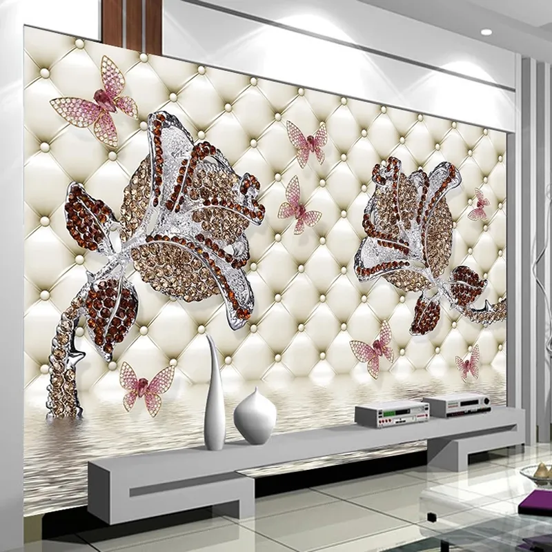 Foto personalizada Papel De Parede Flor Sala Sofá Fundo TV Wall Decor Pintura Papel De Parede Murais Modern 3D Jóias Diamante Rosa