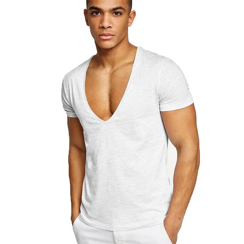 Yaz moda T Shirt erkek düz Premium ağır % 100% pamuk T gömlek düz renk büyük boy derin V boyun T Shirt