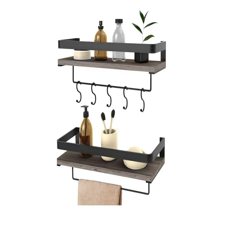 Floating shelves wall mounted 2 set bathroom shelf rail towel bar metal and wood wall shelf