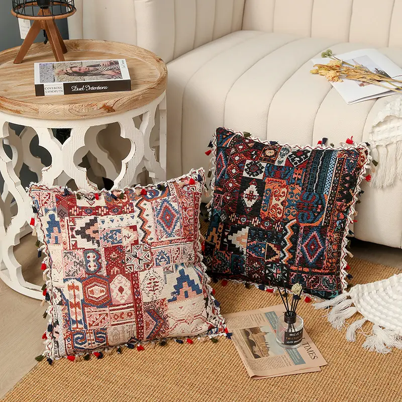 غطاء وسادة بوهيمي بوهيمي من الجانبين بنمط هندسي من قماش الجاكار مزود بمشابك مقاس 18×18 غطاء وسادة مزخرف للأريكة والأريكة