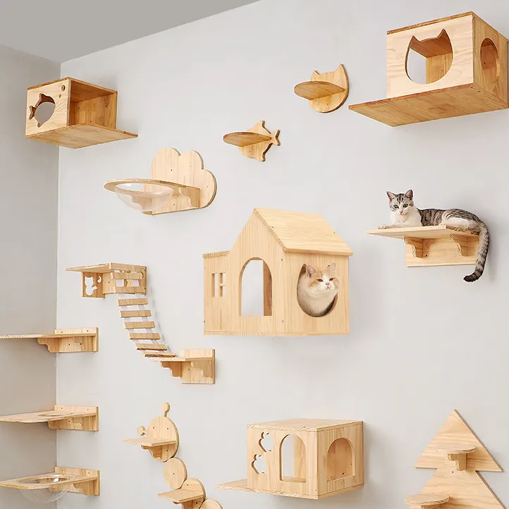 थोक उच्च गुणवत्ता ठोस लकड़ी की दीवार घुड़सवार बिल्ली Scratcher शेल्फ बिल्ली झूला दीवार घुड़सवार बिल्ली पेड़ दीवार चढ़ाई फ्रेम