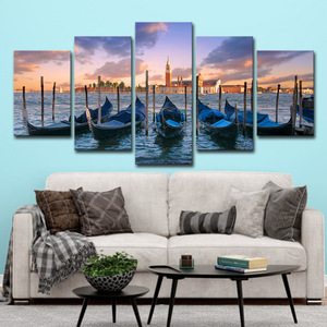 5 paneller mavi tekne deniz manzaralı Poster resim sahil şehir Sunset manzara Modern tuval baskı sanat yemek odası dekorasyon için