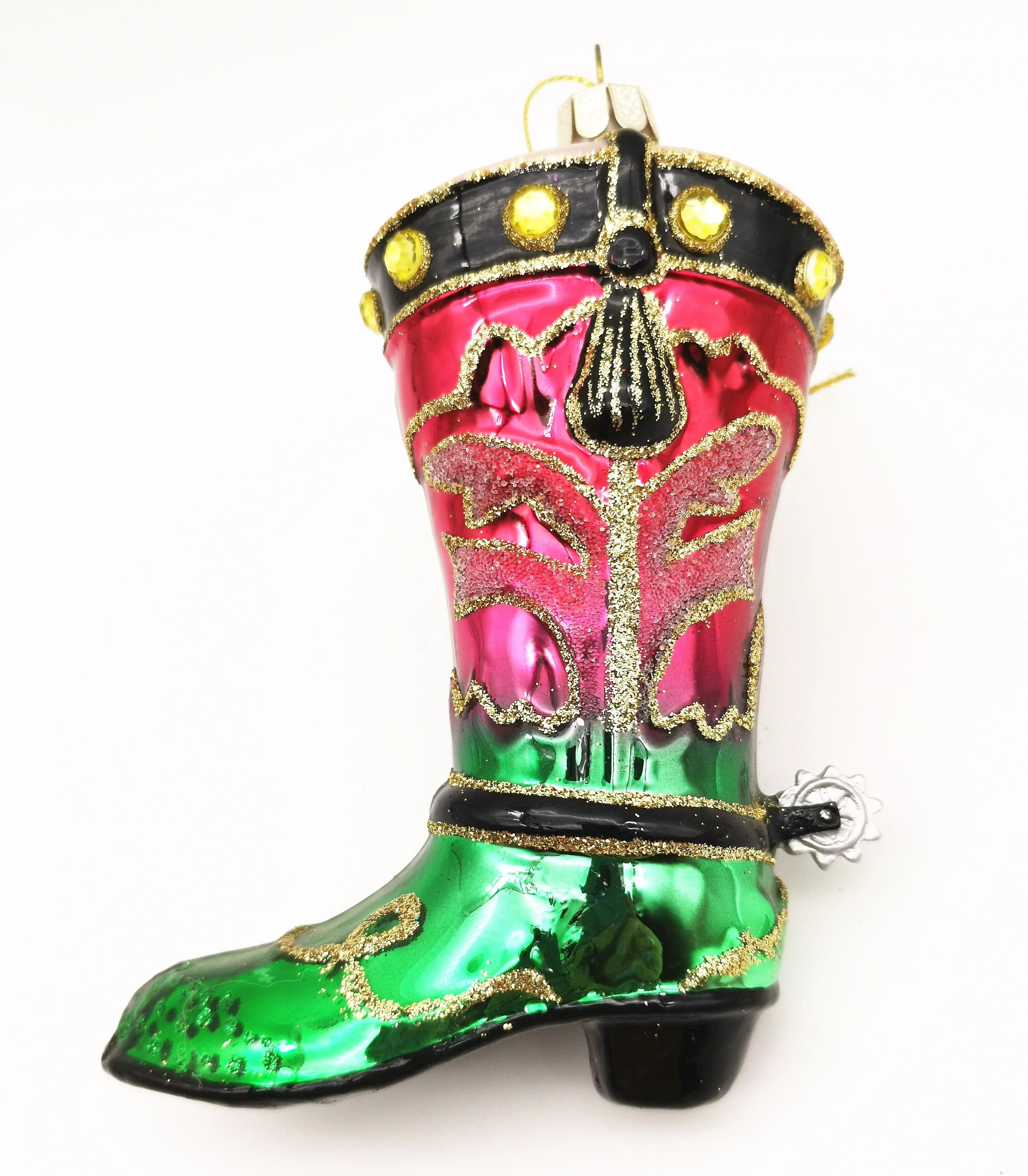 Adorno de botas vaqueras navideñas de vidrio soplado personalizado, adornos de botas de vidrio pintados a mano para colgar árboles de Navidad