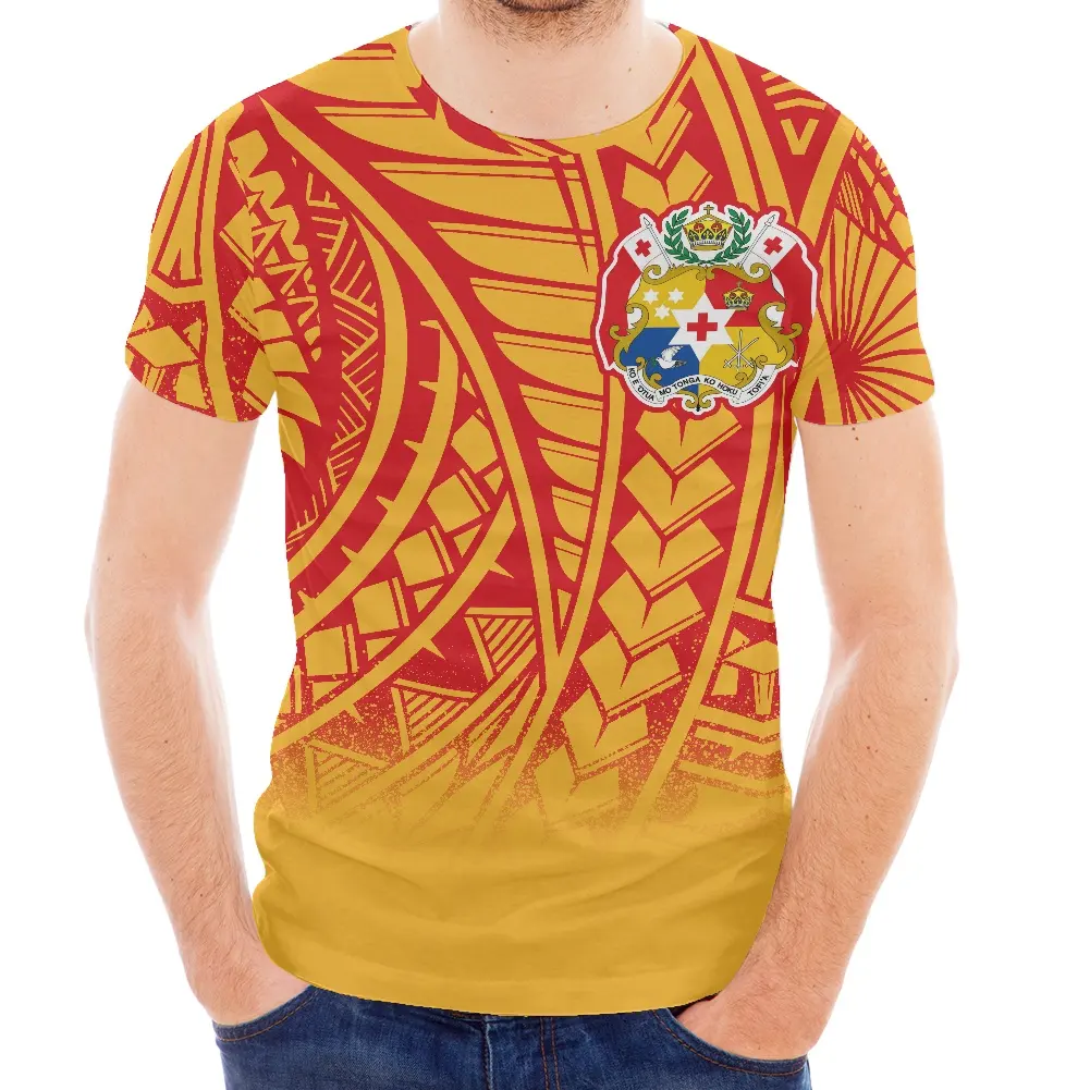 1MOQ 패션 고품질 폴리네시아 전통 부족 패턴 O 넥 T 셔츠 남성 탑스 사용자 정의 망 노란색 T 셔츠 인쇄