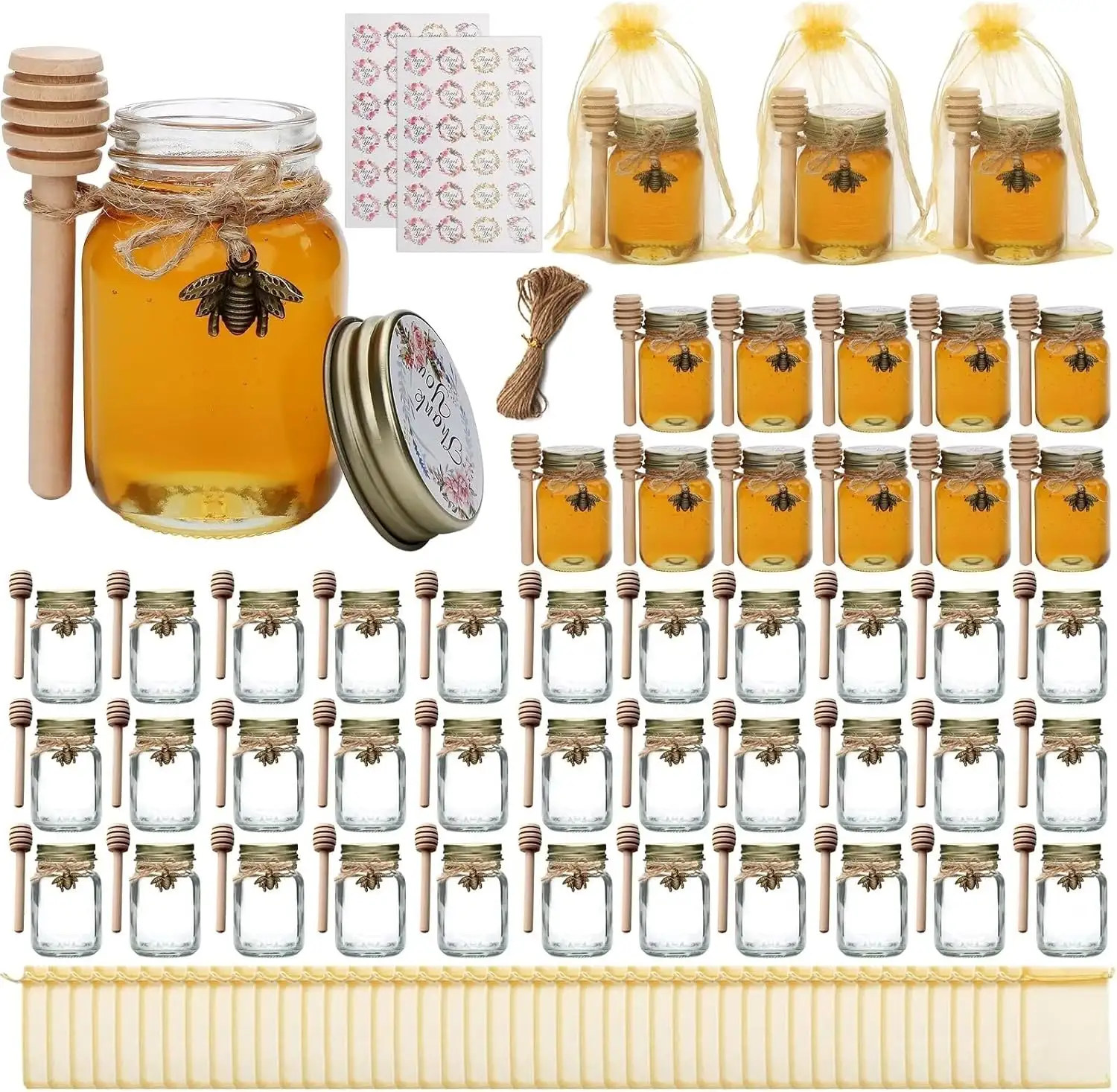 Mini potes de mel redondos vazios de 2 onças com abelha de madeira e presentes de agradecimento