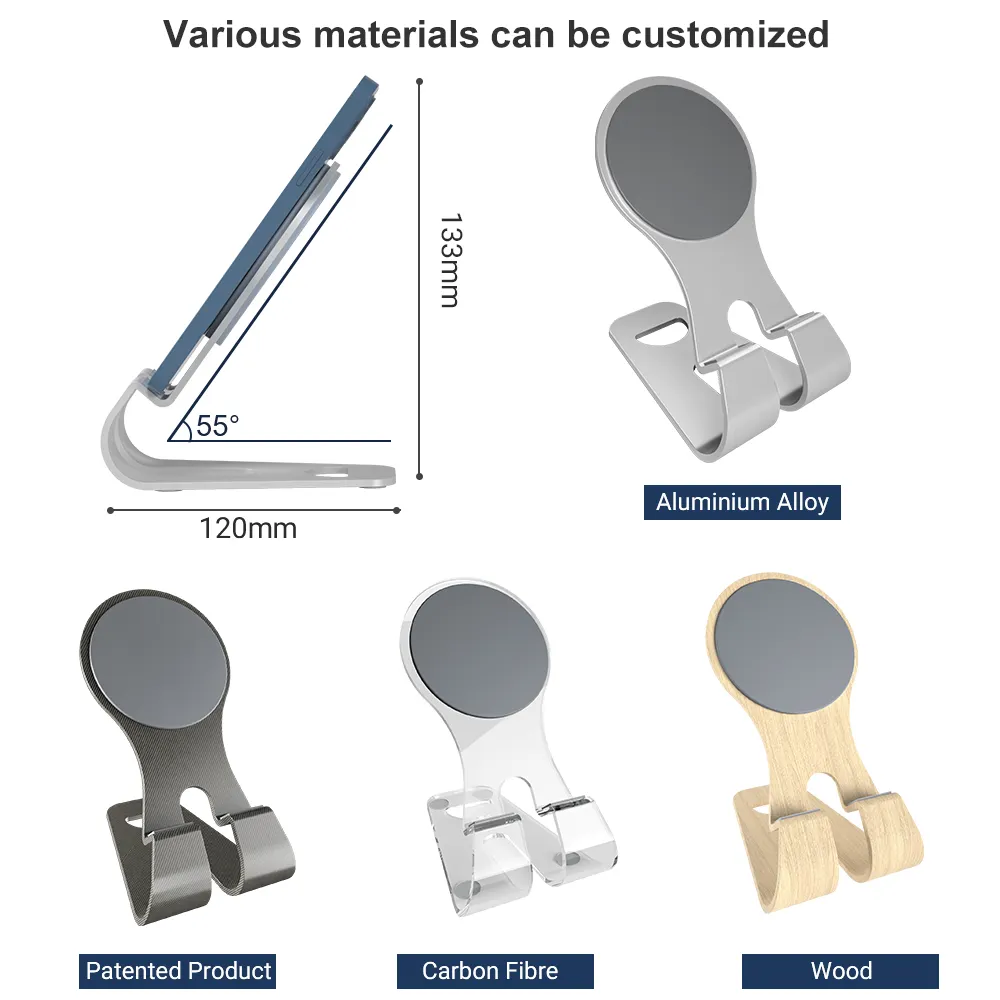 OEM ODMカーボンアクリルシリコンアルミニウム木製デスク携帯電話スタンド磁気ワイヤレス充電携帯電話ホルダー