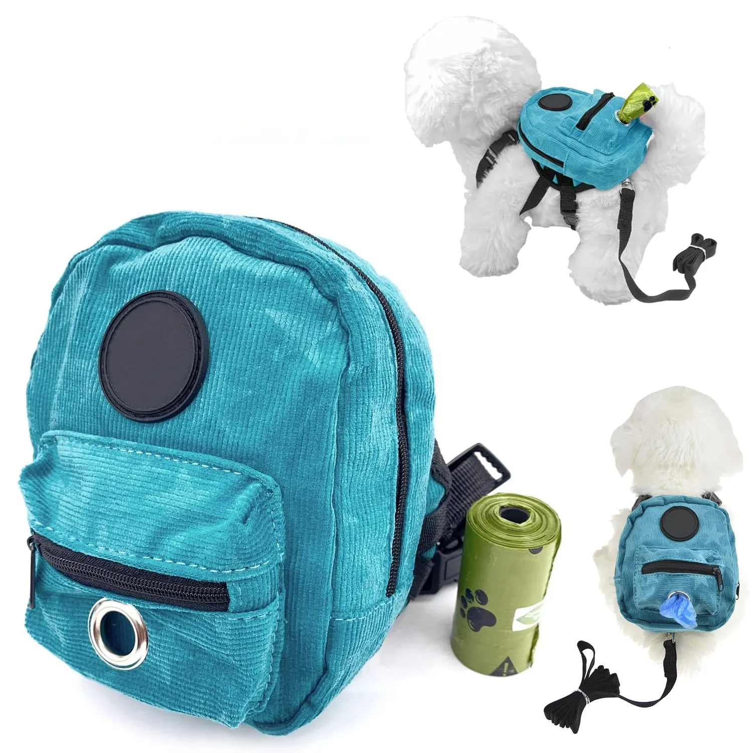 Mochila para perros Arnés Dispensador de bolsas para caca de perro Portador automático para mascotas Viaje ajustable Senderismo Arnés para caminar Mochila