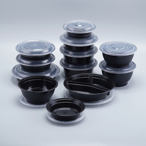 LR48OZラウンド電子レンジ安全使い捨てプラスチック食品容器黒持ち帰り食事準備プラスチックボックス食品蓋付き