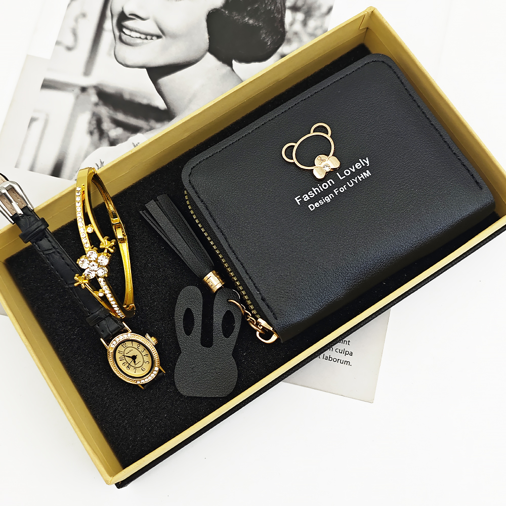 Reloj negro y dorado + Pulsera + Cartera + Caja de regalo