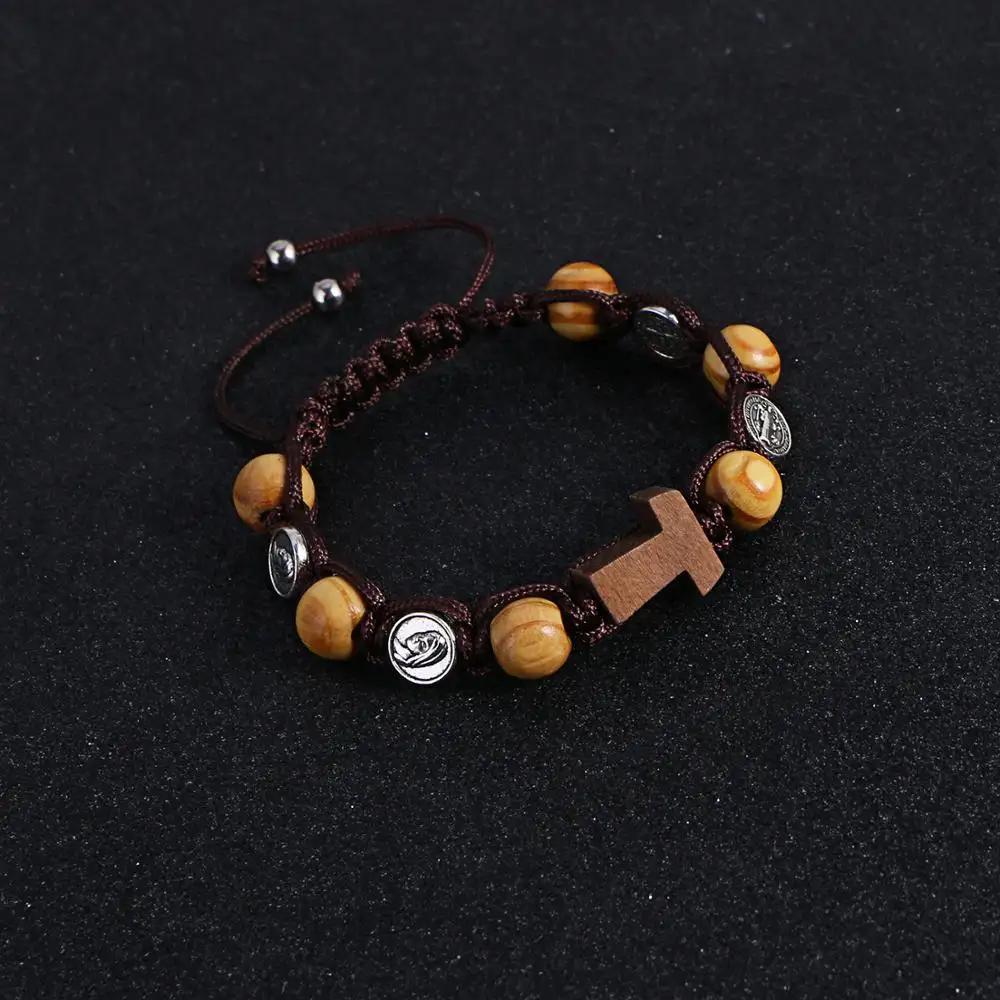XIMAI Christianity bracciale rosario intrecciato fatto a mano St maria perle di legno perline bracciale croce classica preghiera R-081