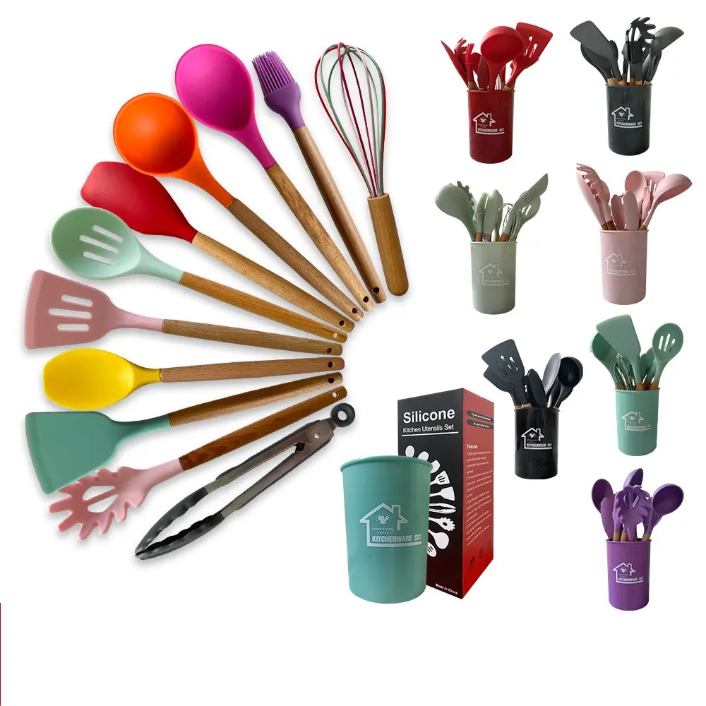 12 pezzi In 1 Set accessori da cucina In Silicone utensili da cucina utensili da cucina utensili da cucina In Silicone con manici In legno