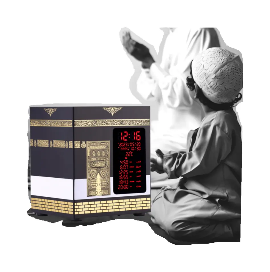 Produits islamiques nouveau design athan horloge azan prière coran haut-parleur et applications coran Cube haut-parleurs avec lanternes ramadan