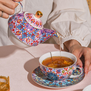 波西米亚花式图案二合一陶瓷咖啡杯茶托套装陶瓷茶壶和杯欧洲茶具 - Product Image 2