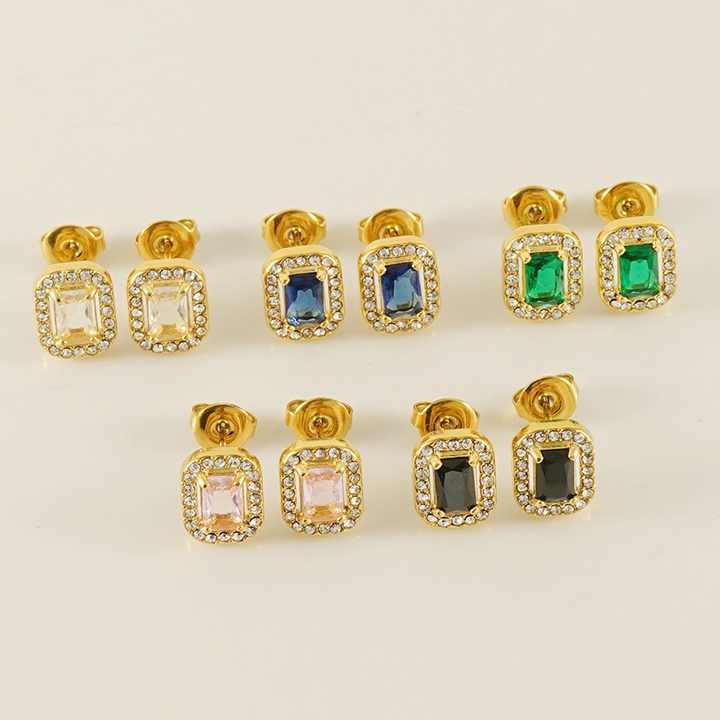 18K Gold Plated Stainless Steel Stud Earrings Heart Square Round Stud Earring for Women Cubic Zirconia Birthstone