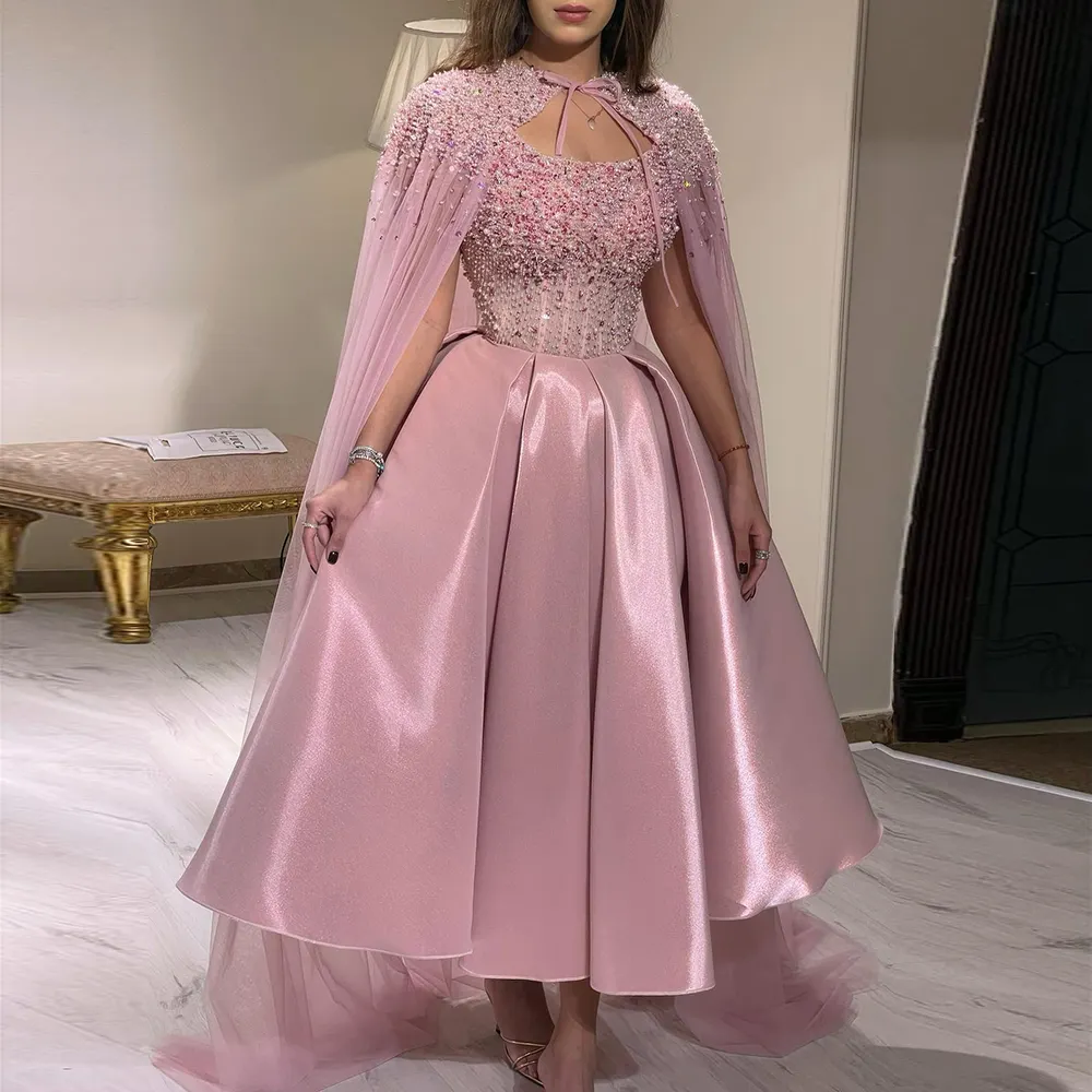 Jancember Luxo Dubai Blush Rosa Árabe Vestido De Noite Com Cabo 2023 Comprimento Do Tornozelo Curto Midi Mulheres Vestido De Festa De Casamento Scz138