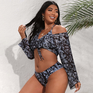 Kadınlar Push up uzun kollu kravat ön mayo Romper etek yerleşimi ile kızlar için çizgili 3 parça Setswimsuit kapak Ups