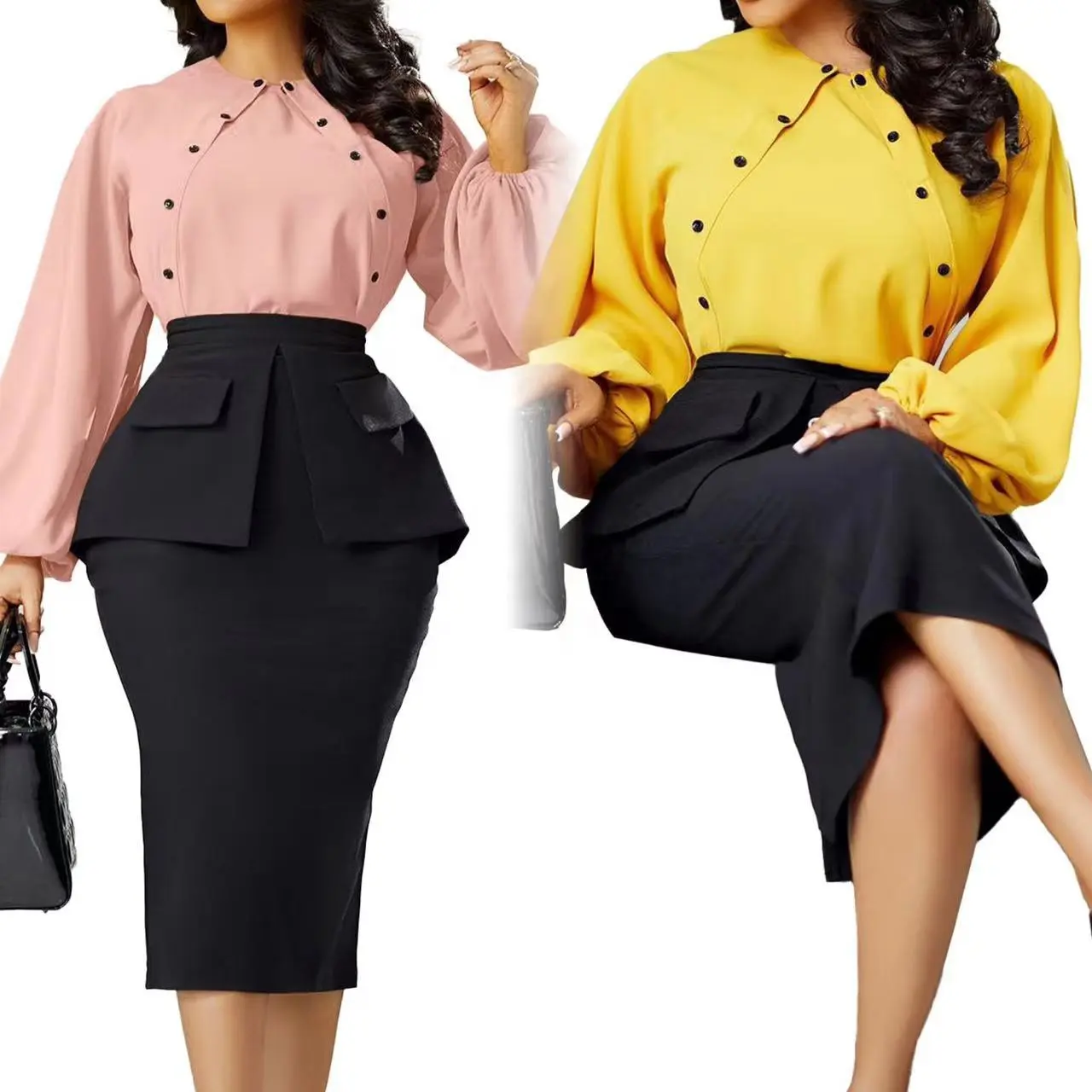 Nouveautés vêtements pour femmes élégants costumes formels de dame de bureau chemisier à manches longues chemise et jupe crayon ensemble de deux pièces