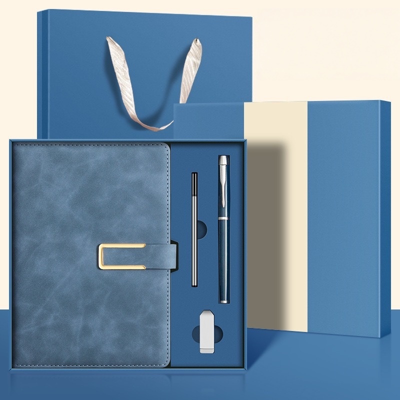 Bleu nuit + stylo en métal + noyau de stylo + clé USB + sac cadeau