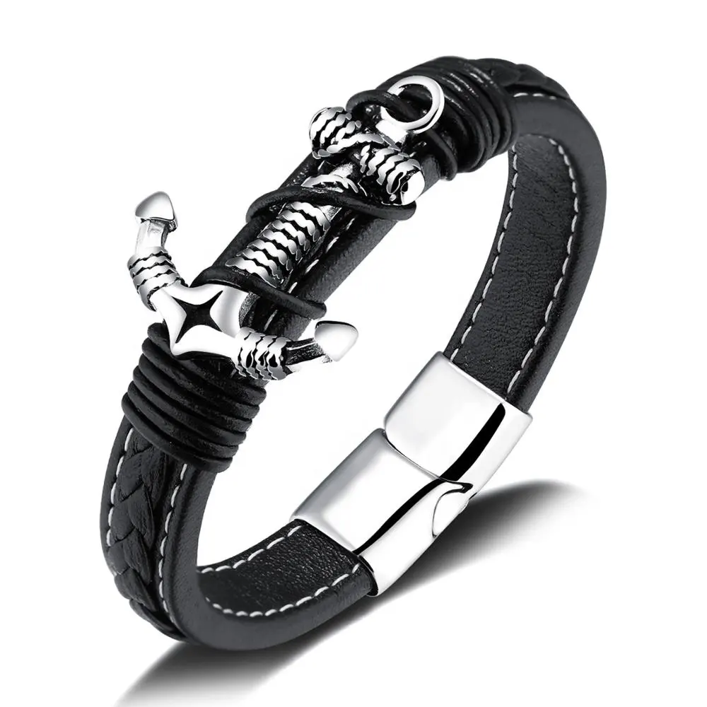 Magnetic Clasp Braided Leather Bracelets Gift Christ Guitar Casual Black Handmade Leather Cross Anchor Bracelet Men