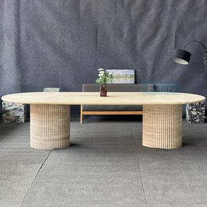 Sang Trọng Wabi Sabi Tùy Chỉnh Tự Nhiên Hình Bầu Dục Hàng Đầu Màu Be Travertine Bàn Ăn Đồ Nội Thất Đá Với Thấp Chân - Product Image 1