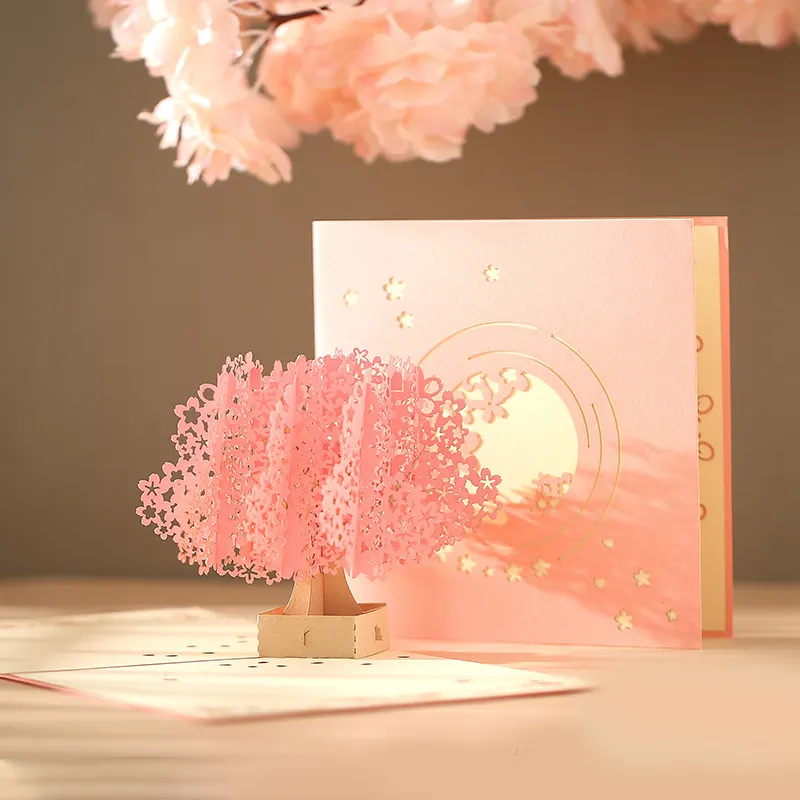 عيد ميلاد سعيد فارغ لعيد الأم من زيكان-بطاقة ثلاثية الأبعاد لتمنبثقة شجرة الكرز الرومانسية