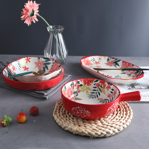 Kırmızı çiçek desen seramik tabaklar yemek takımı yemek takımı yemek takımı seramik çanak çömlek - Product Image 2