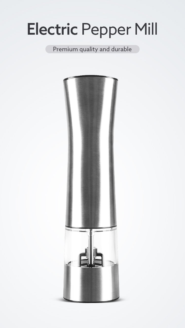 6 AAA batteries operated stainless steel electric pepper grinder salt mill with white LED light and adjuster
