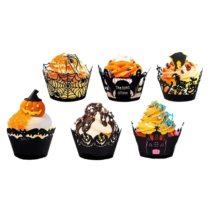 Envoltorios para cupcakes de Halloween al por mayor, paquete de 50 accesorios para fiestas, revestimientos huecos para decoración de pasteles, envoltorios para cupcakes cortados con láser