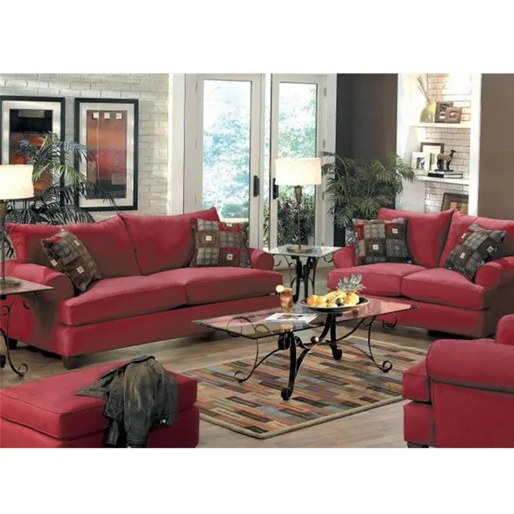 Ultimo design a forma di l tessuto scamosciato rosso 2 posti divano set mobili per soggiorno