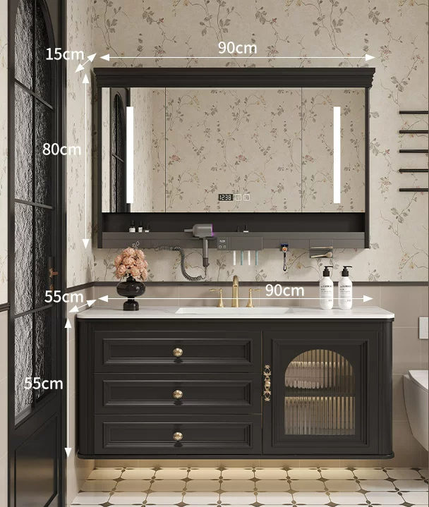 Encimera de piedra integrada de 90 cm con fregadero cerámico + mueble inteligente